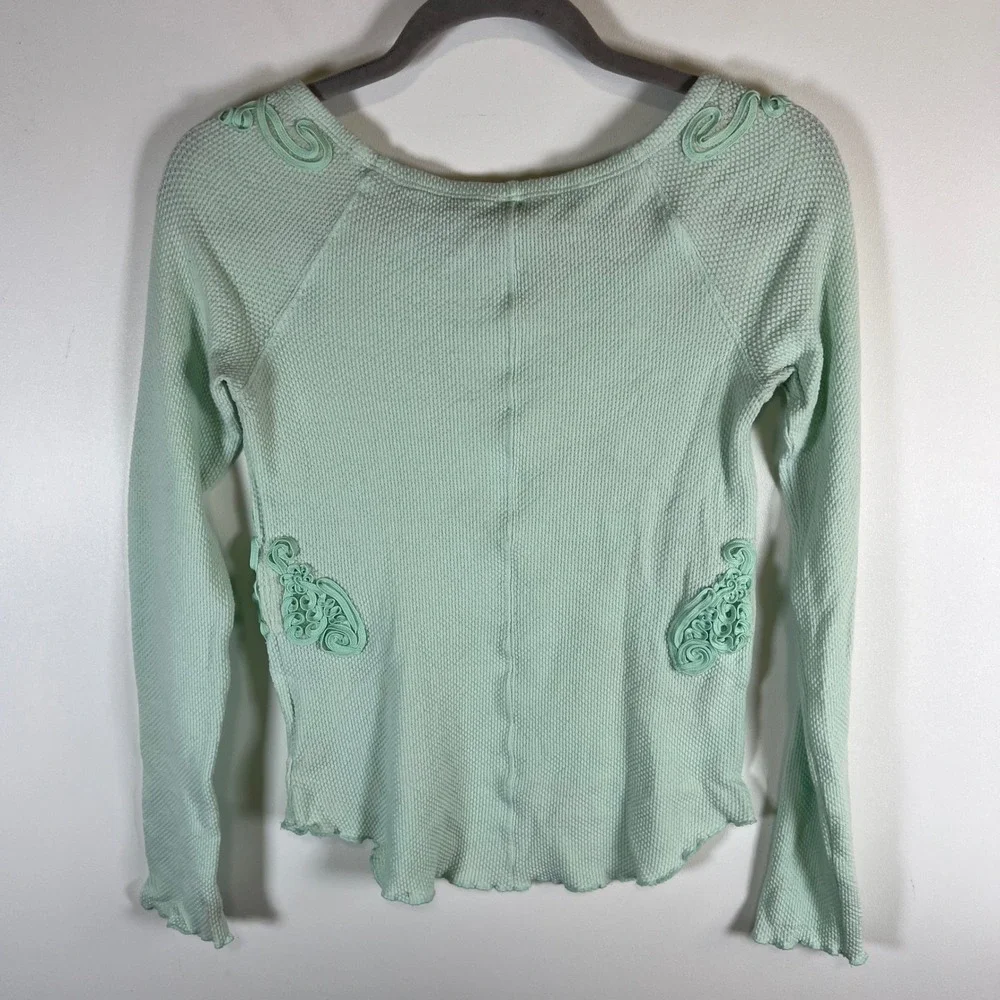 Free People Mint Green‎ Thermal Waffle Knit Soutache Applique Top Medium Boho